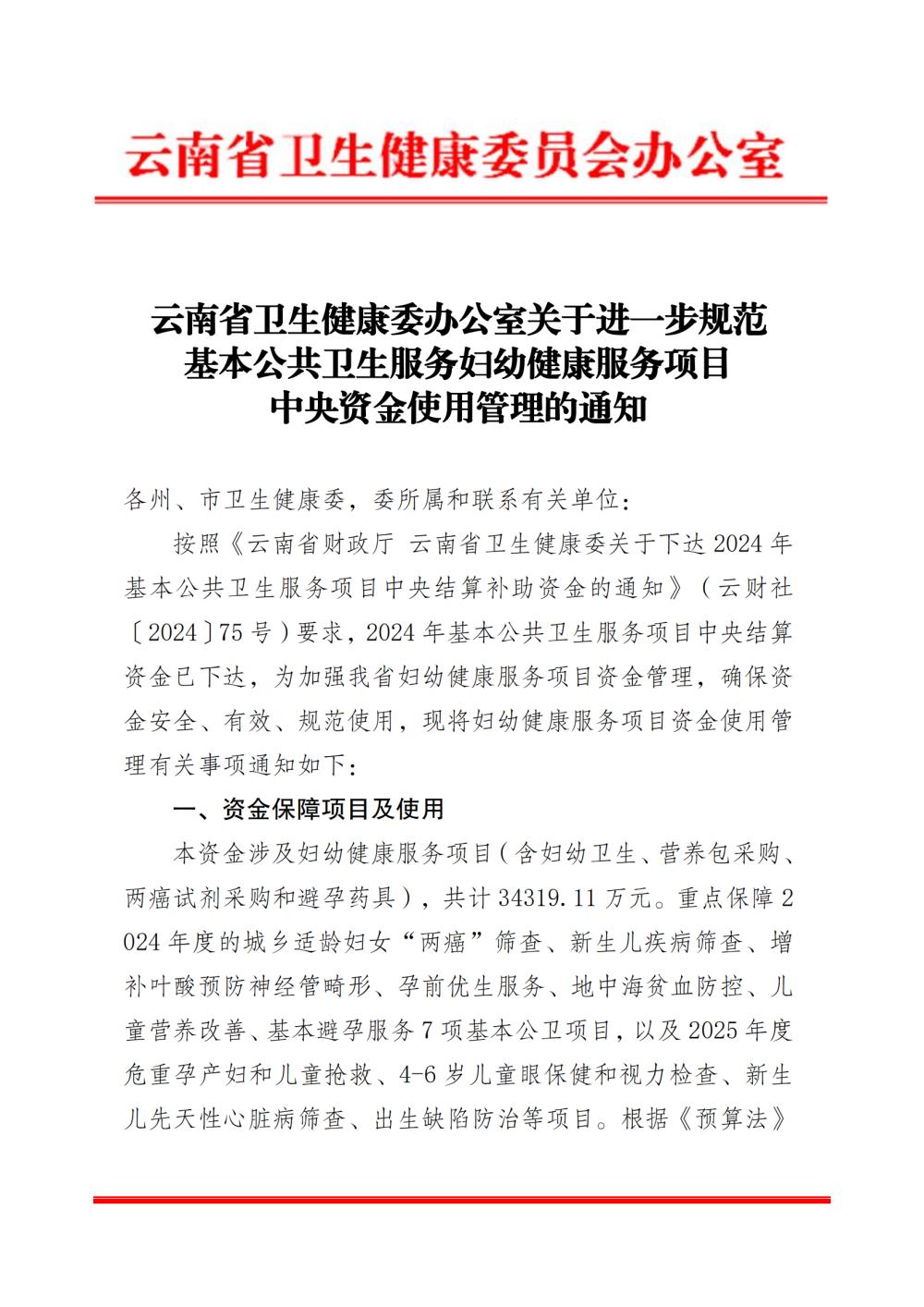 云南省卫生健康委办公室关于进一步规范基本公共卫生服务妇幼健康服务项目中央资金使用管理的通知